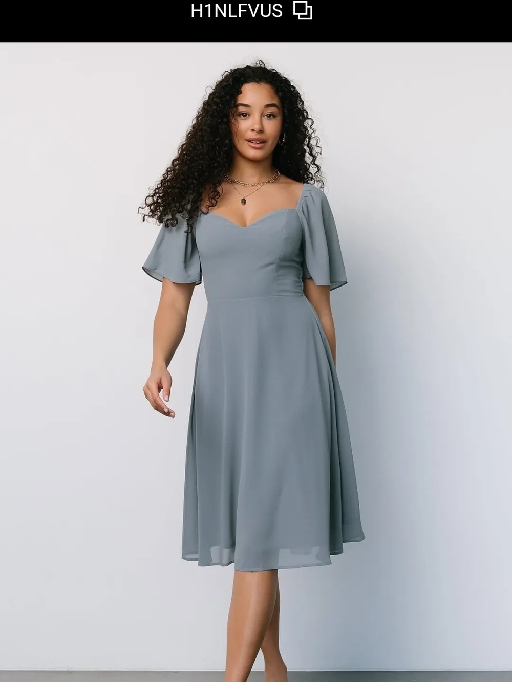 Baltic Born Colette Sweetheart Midi Dress Chiffon Whisper Blue W/ Flutter Sleeve